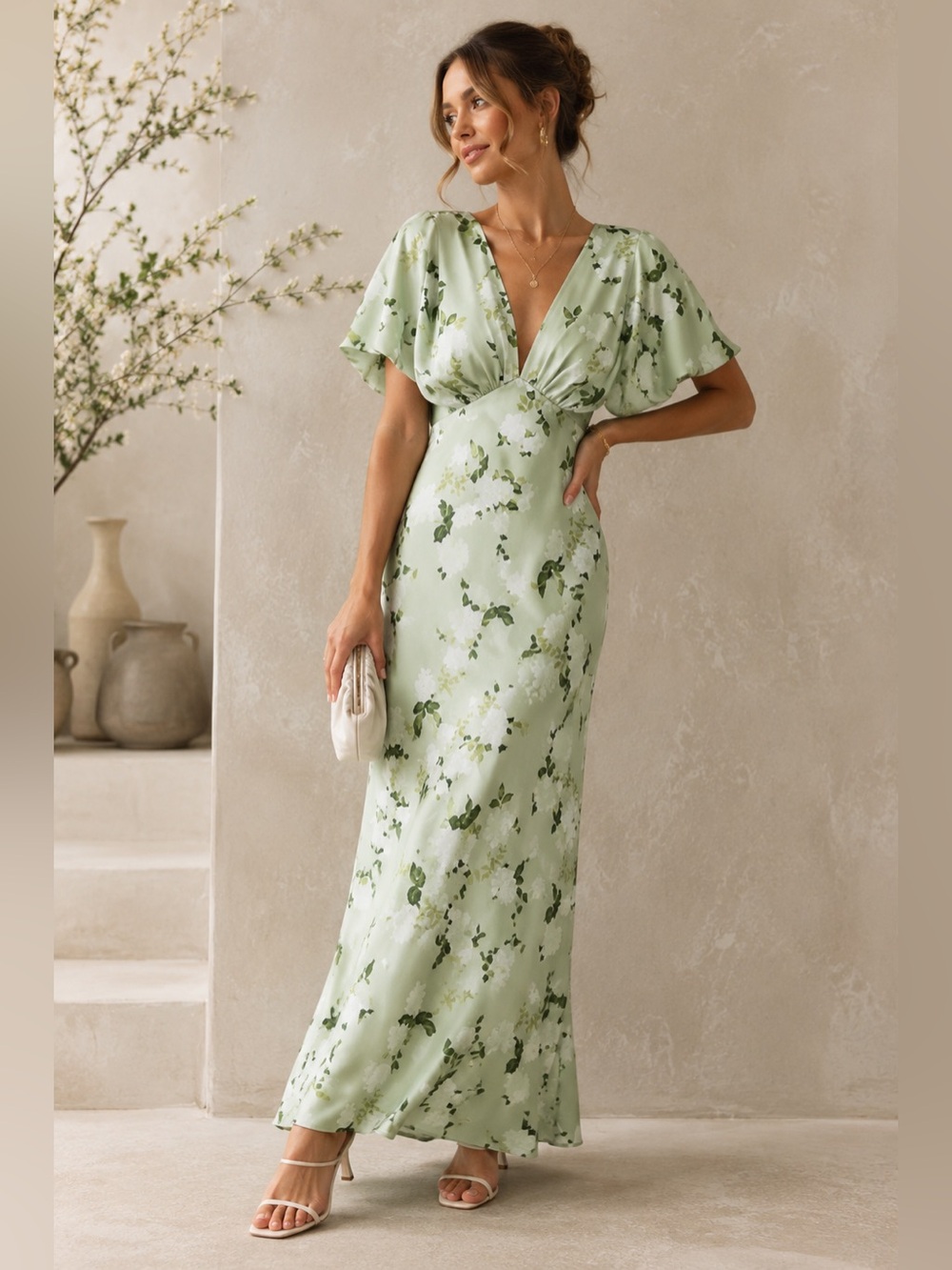 BHLDN Pale Green Floral Maxi Dress